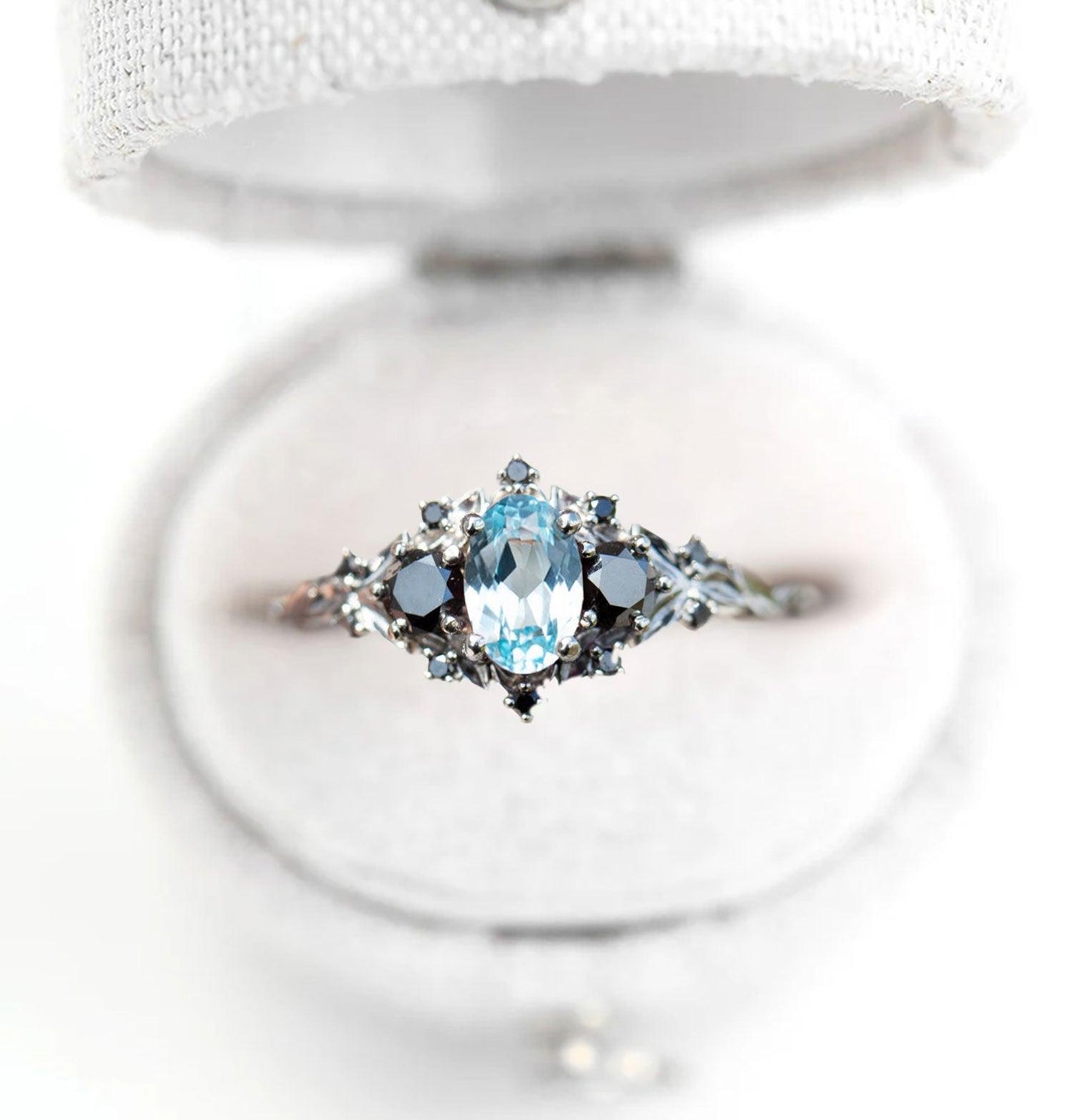 Unique Briar Rose Three Stone Oval Lab Topaz and Black Moissanite Ring