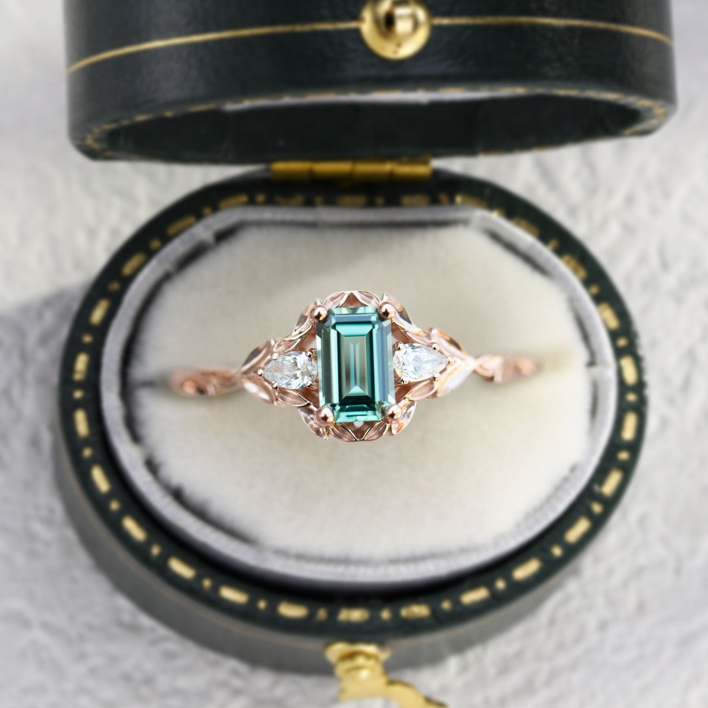 Unique Briar Rose Three Stone Emerald cut Green Lab Sapphire Ring