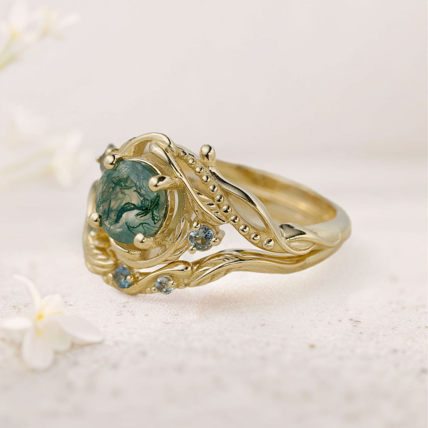 Unique Round Moss Agate With leaves Wedding Ring Set