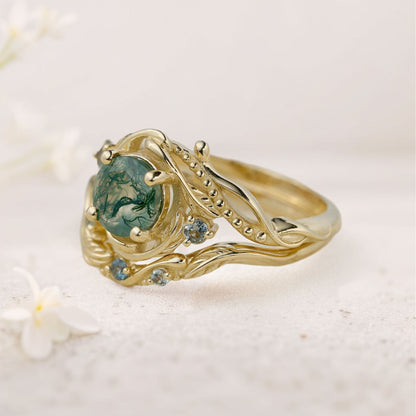 Unique Round Moss Agate With leaves Wedding Ring Set