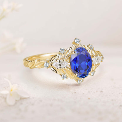 Unique Oval Lab Sapphire Fairy Engagement Ring Art Deco Blue Topaz Cluster Wedding Ring