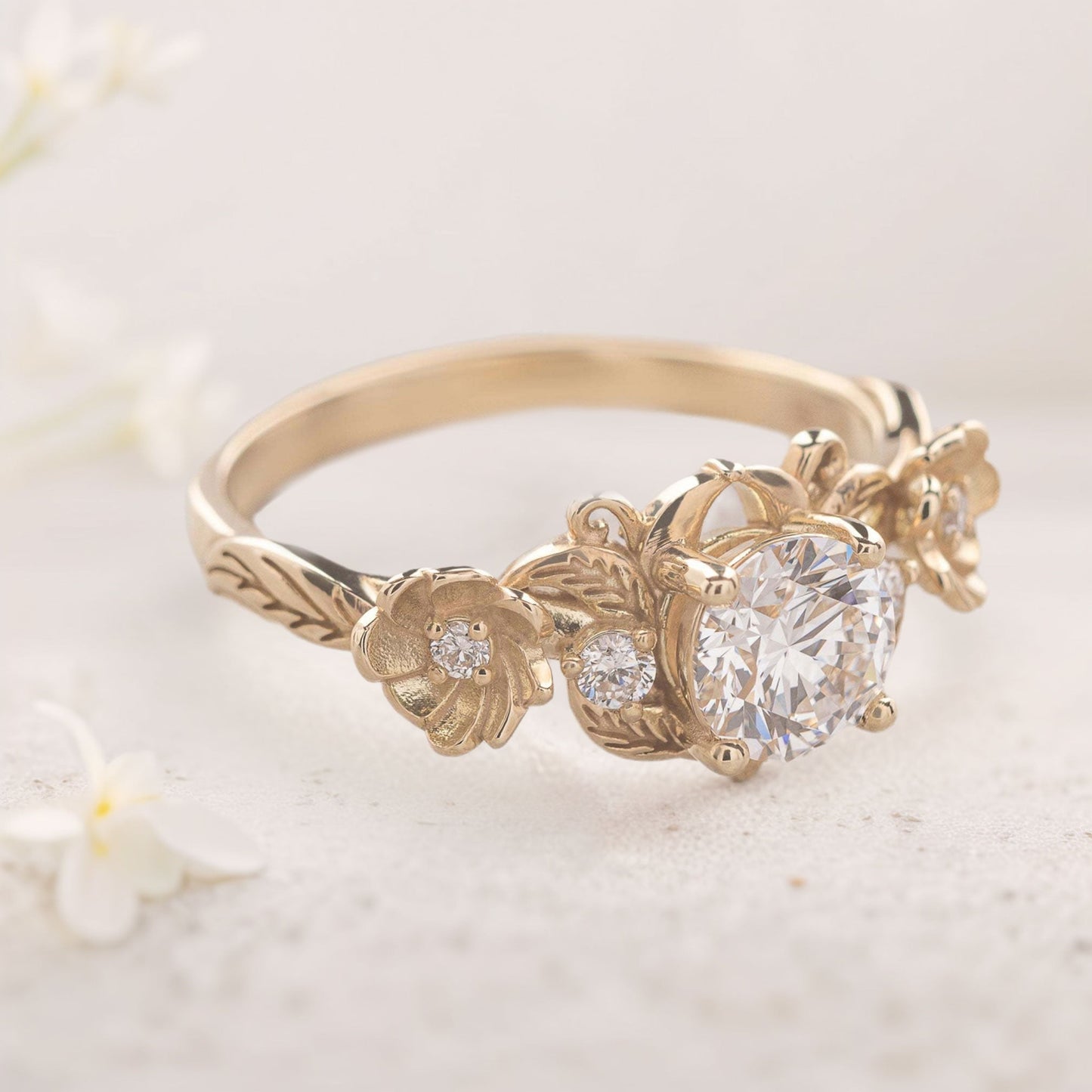 Unique flower Round Moissanite Engagement Ring