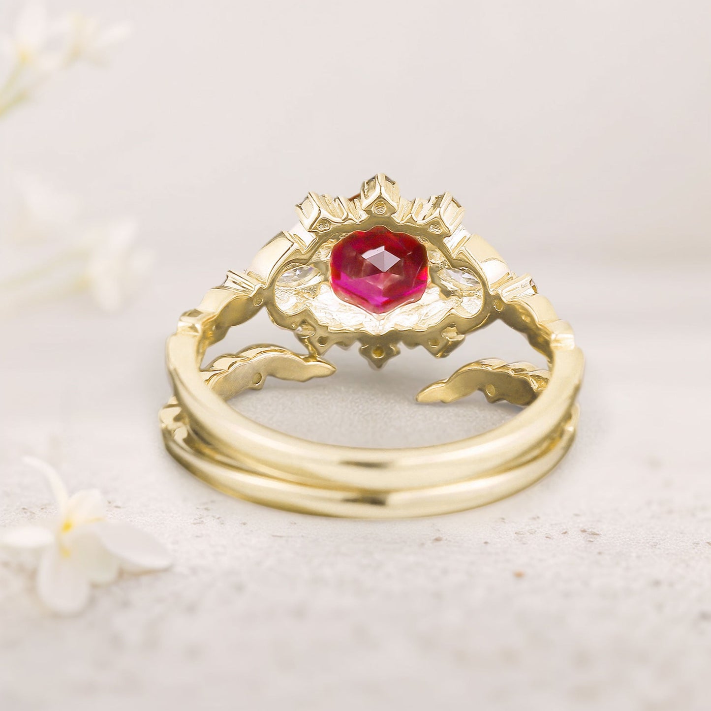 Unique floral engagement rings Hexagon Lab Ruby Engagement Ring set Promise Proposal Ring set