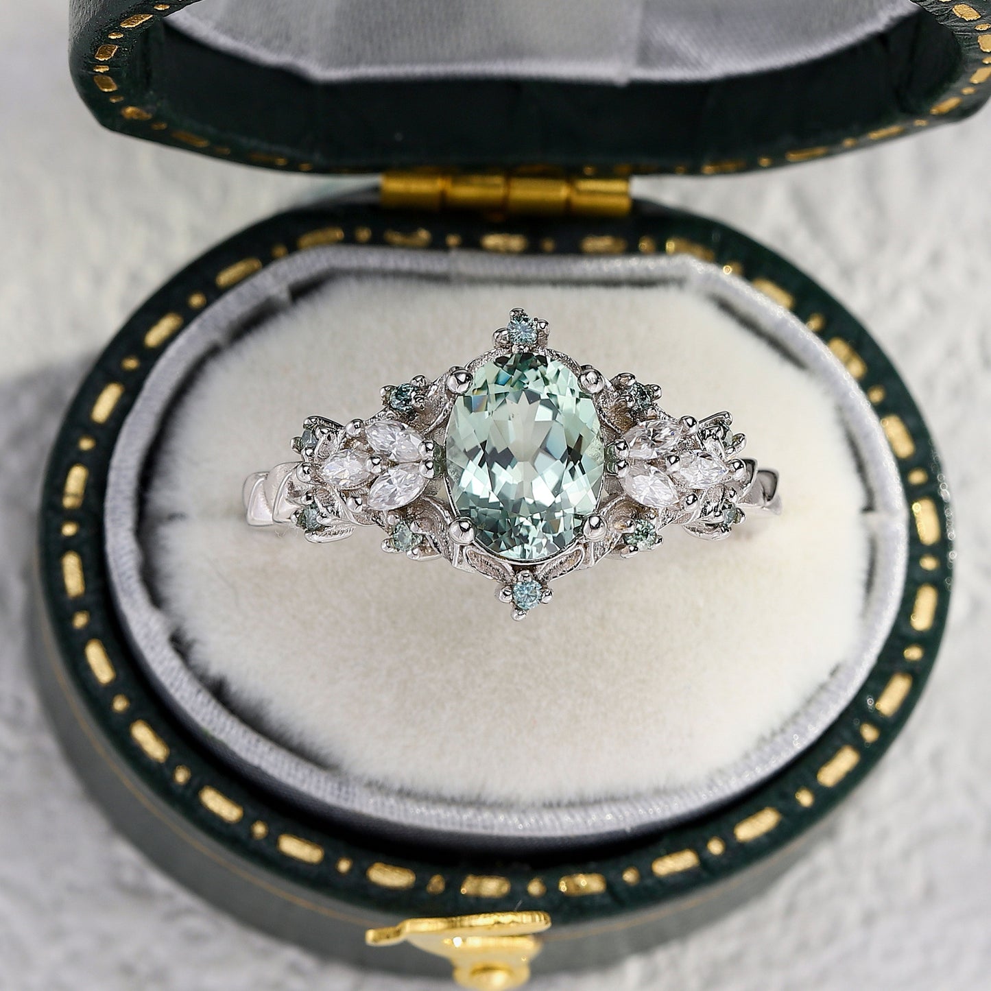 Unique Starlight Oval Green Lab Sapphire Engagement Ring