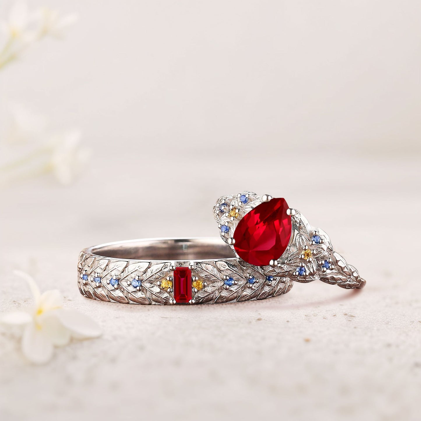 Unique Pear Lab Ruby His and Hers Matching Wedding Ring Set