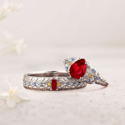 Unique Pear Lab Ruby His and Hers Matching Wedding Ring Set