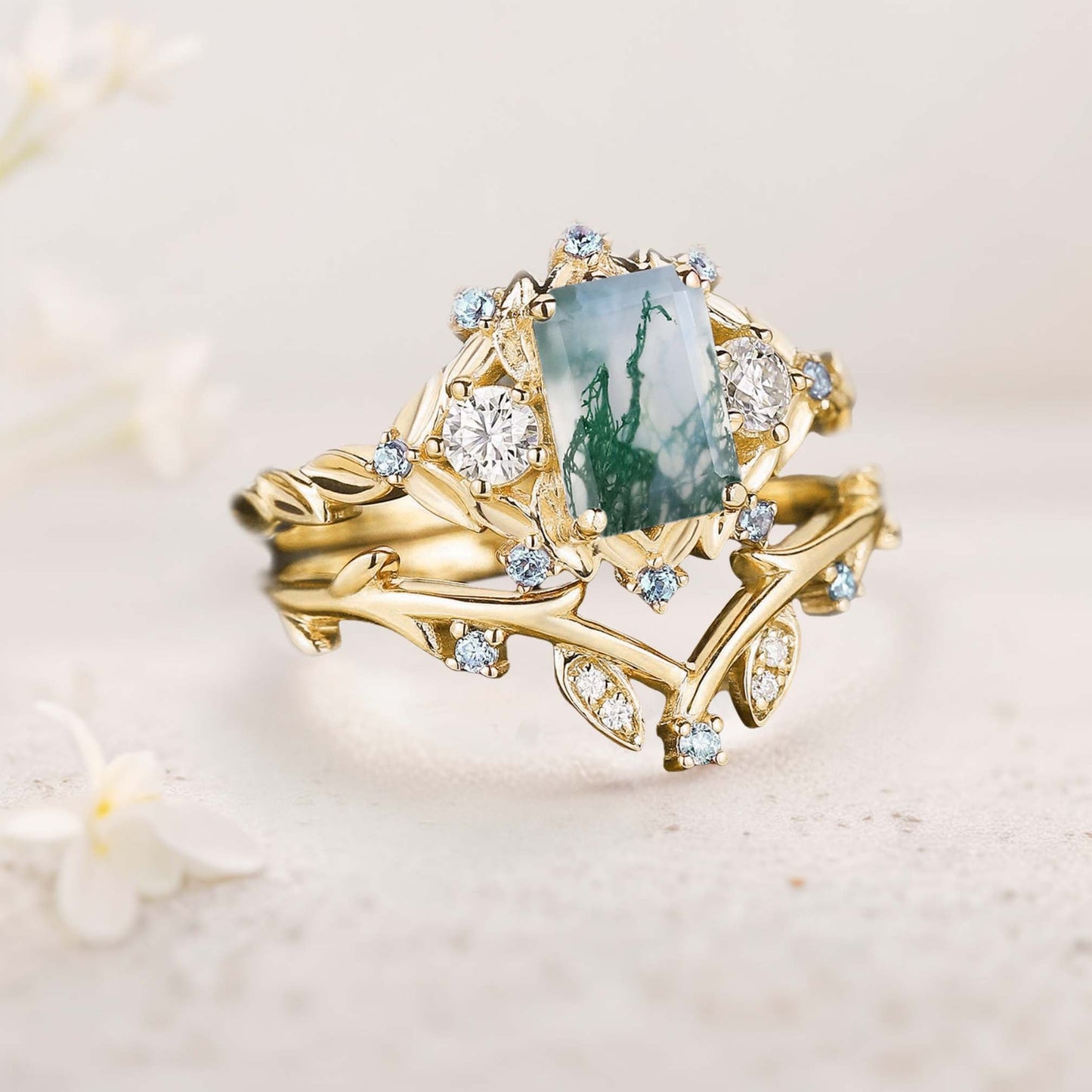 Unique floral engagement rings Emerald Cut Moss Agate Floral Wedding Ring Promise Bridal Set