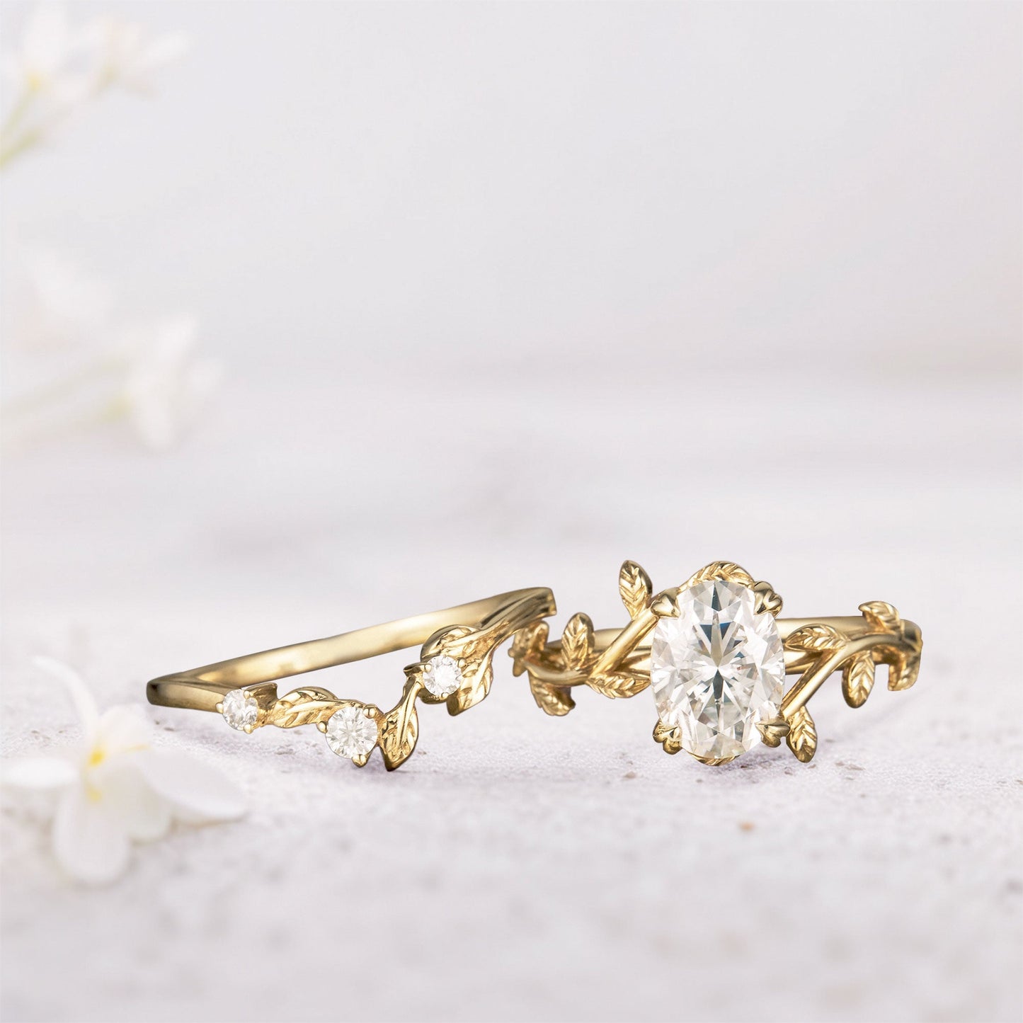 Unique Oval Moissanite Wedding Ring Set With Leaf Band