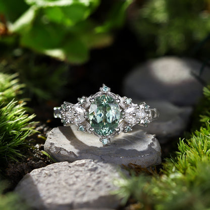 Unique Starlight Oval Green Lab Sapphire Engagement Ring