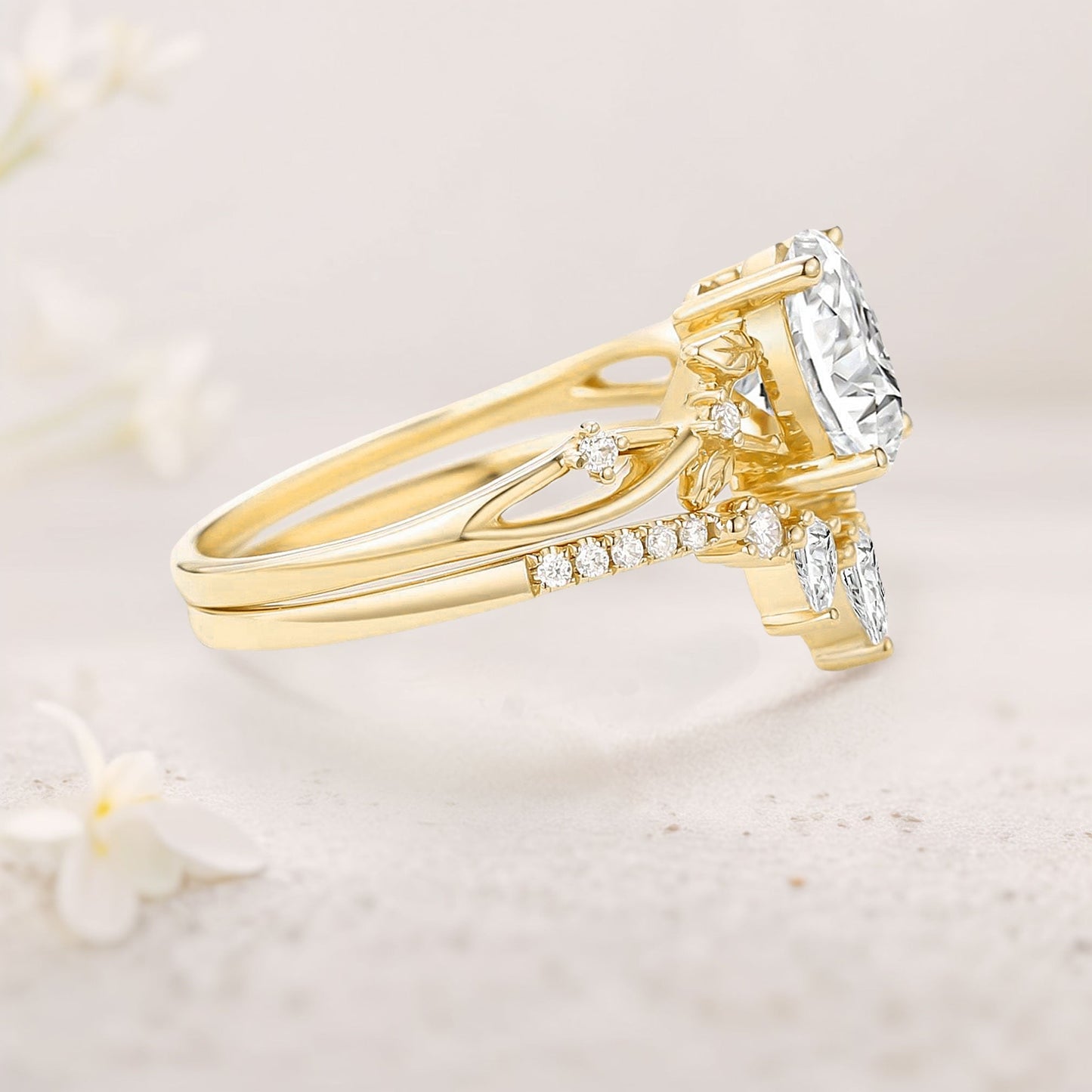 Unique floral engagement rings Oval Moissanite Leafy Wedding Ring Bridal Ring Set