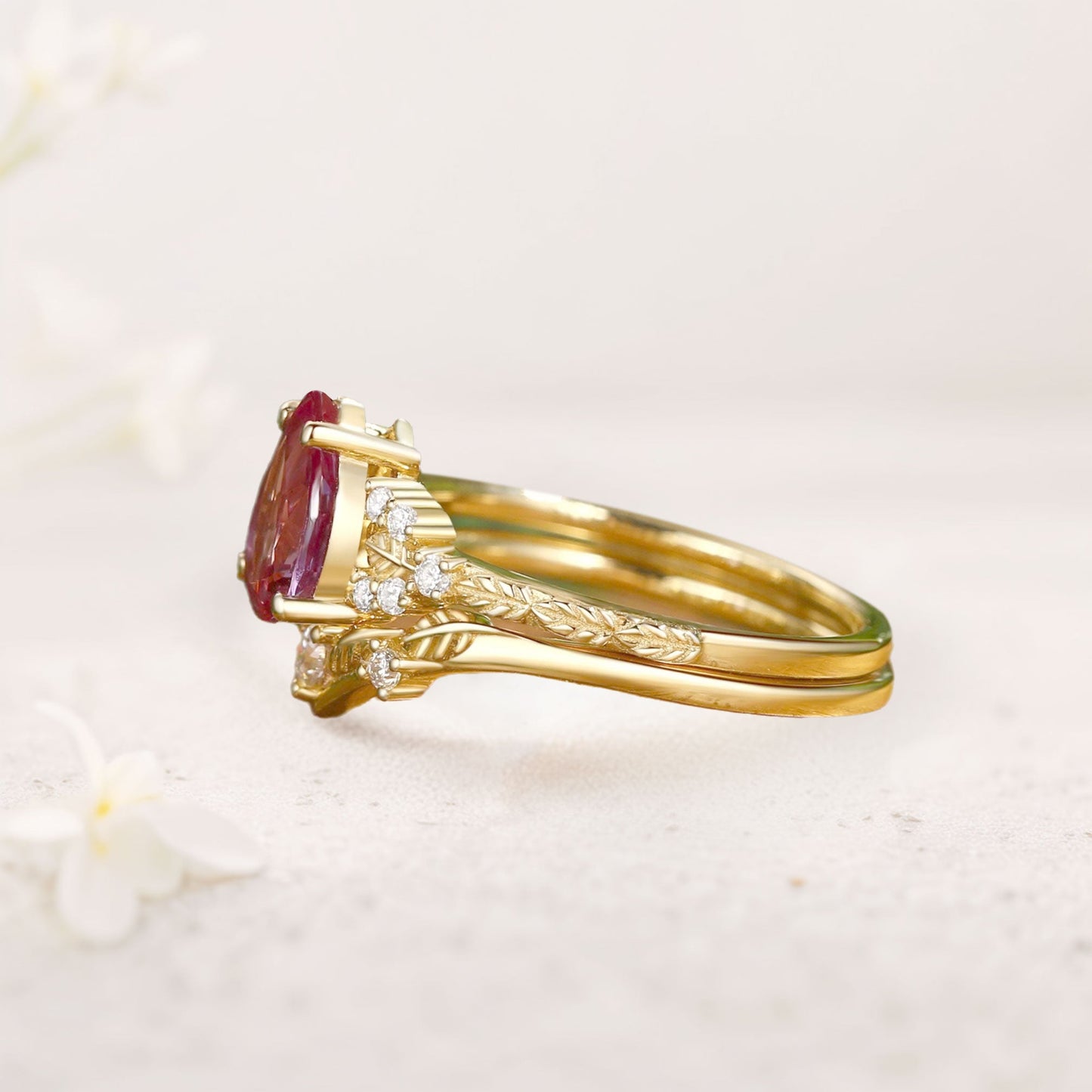 Unique floral engagement rings Leaf Nature Inspired Pear Lab Alexandrite Engagement Ring Set