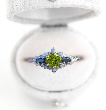 Unique Briar Rose Round Lab Peridot and Black Moissanite Ring