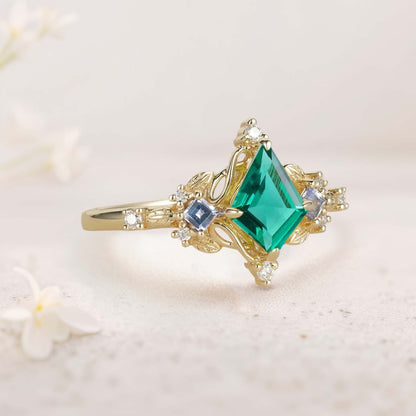 Unique Kite Three Stone Lab Emerald Leaf Ring