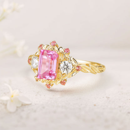 Unique floral engagement rings Emerald Cut Lab Padparadscha Engagement Ring Leaf Design Padparadscha Cluster Wedding Ring