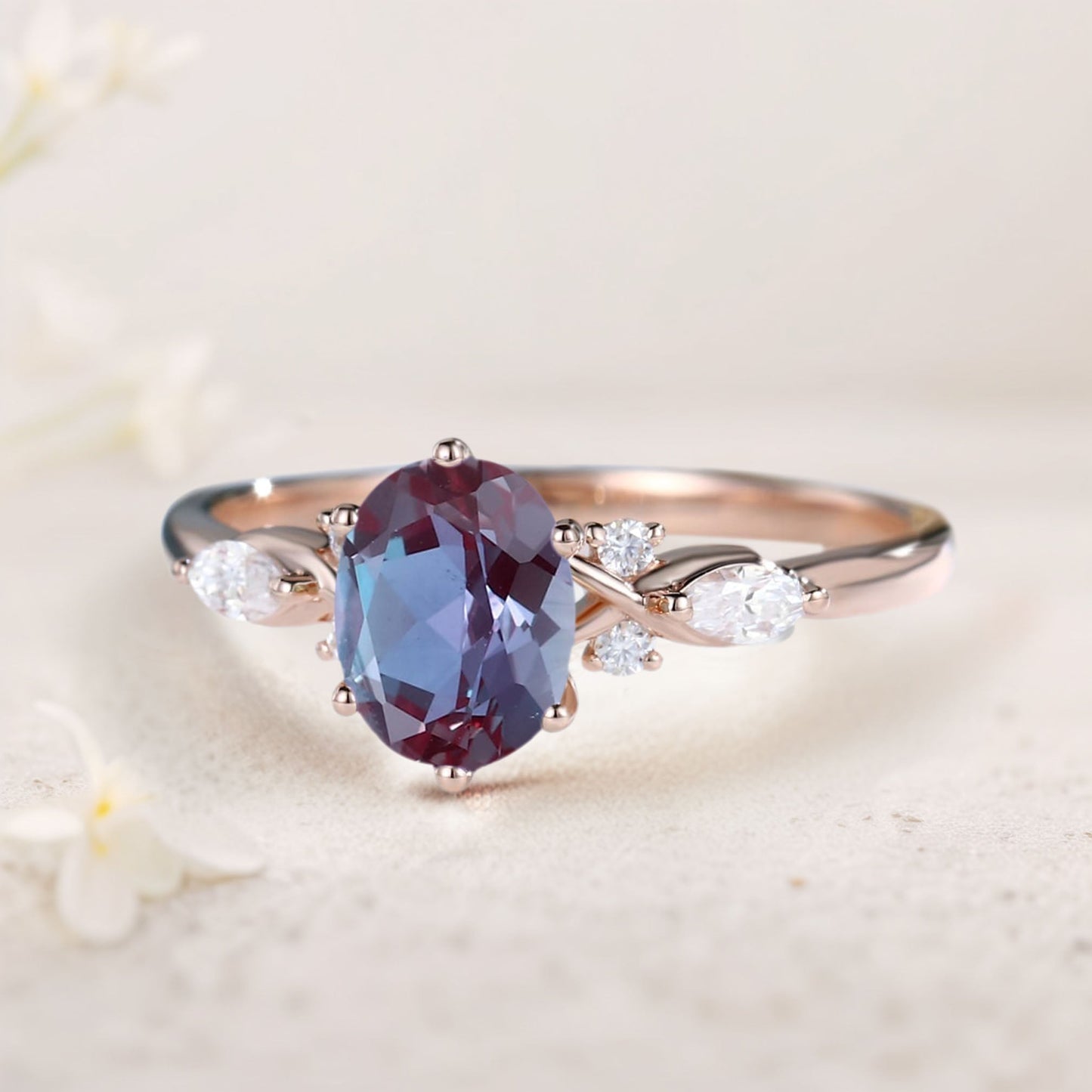 Vintage Oval Lab Alexandrite and Moissanite Engagement Ring