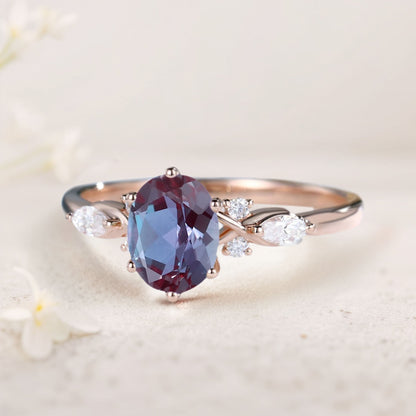 Vintage Oval Lab Alexandrite and Moissanite Engagement Ring