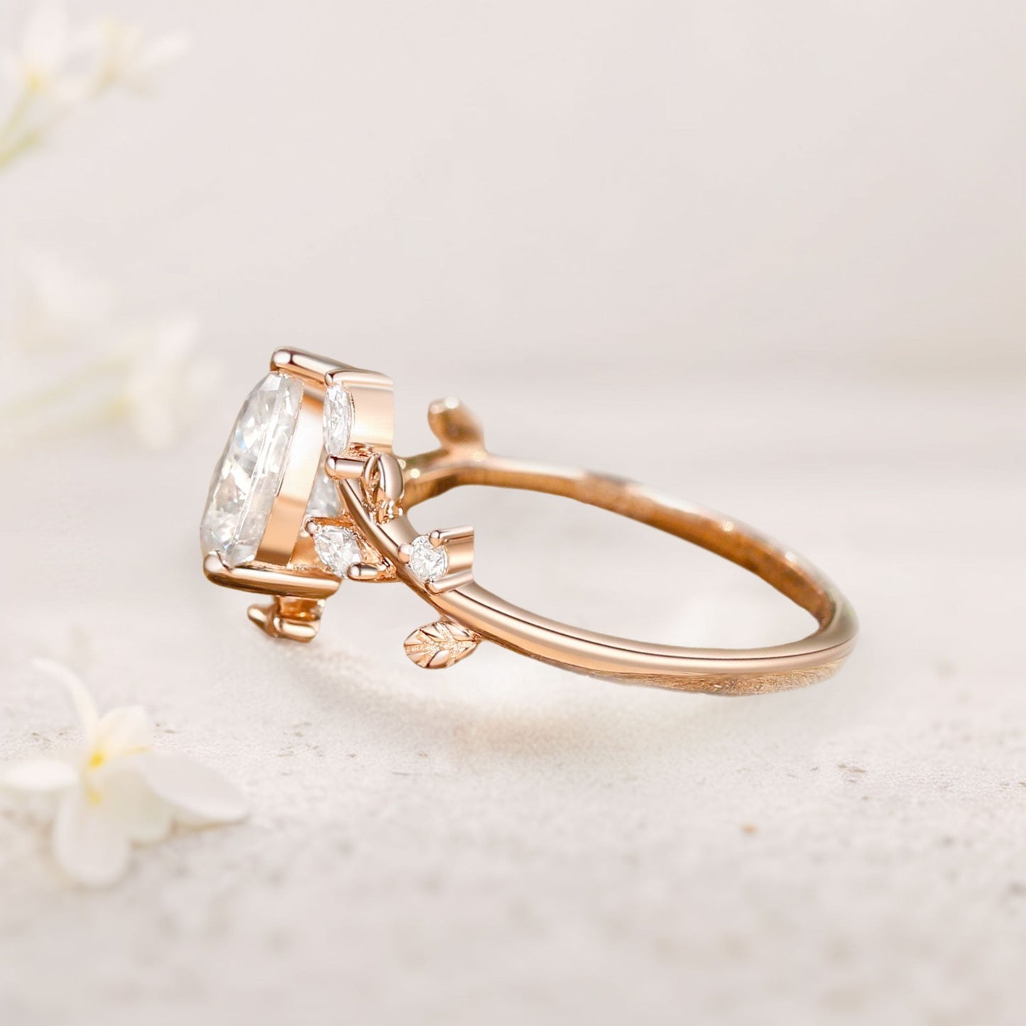 Unique floral engagement rings Pear Moissanite Branch Leafy Inspired Engagement Ring