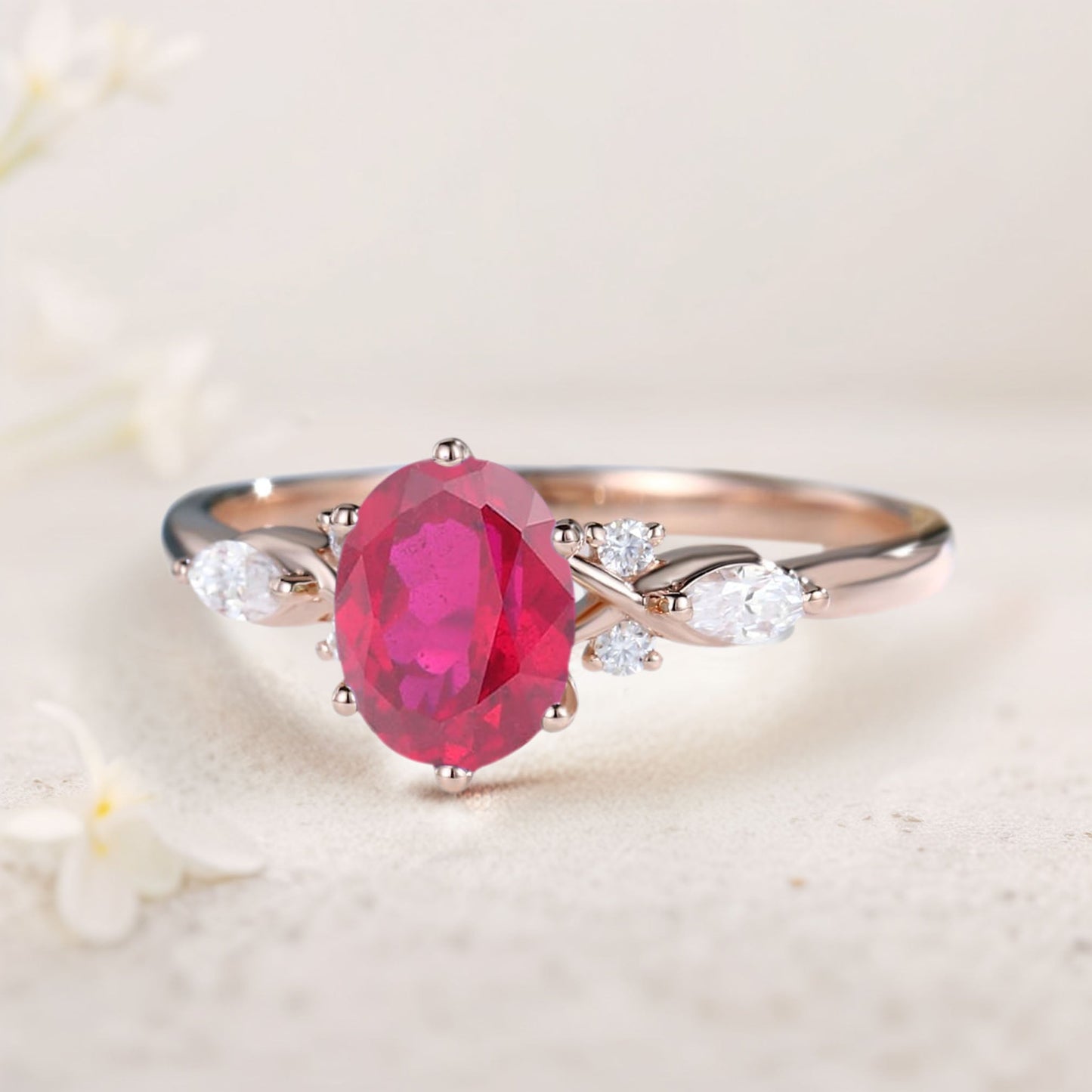 Vintage Oval Ruby and Moissanite Engagement Ring