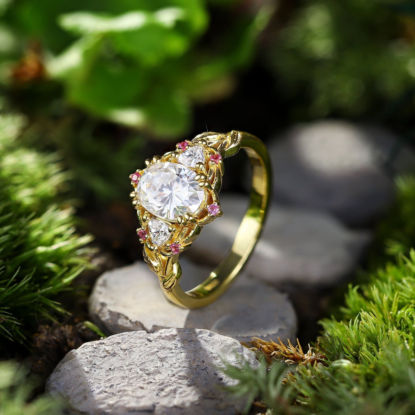 Unique Three Stone Oval Moissanite with Amethyst Engagement Ring For Women