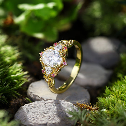 Unique Three Stone Oval Moissanite with Amethyst Engagement Ring For Women