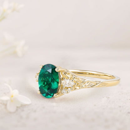 Unique Oval Lab Emerald and Moissanite Wedding Ring