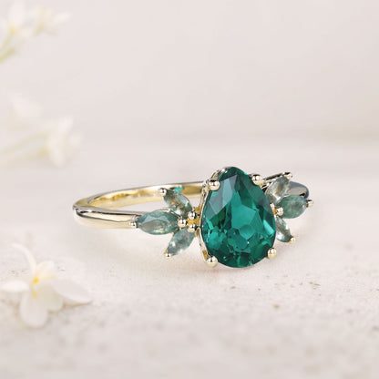 Unique Pear Lab Emerald Ring Petal Moss Agate Side Stones Engagement Ring