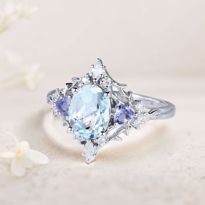 Vintage Briar Rose Oval Lab Aquamarine Engagement Ring Filigree Ring