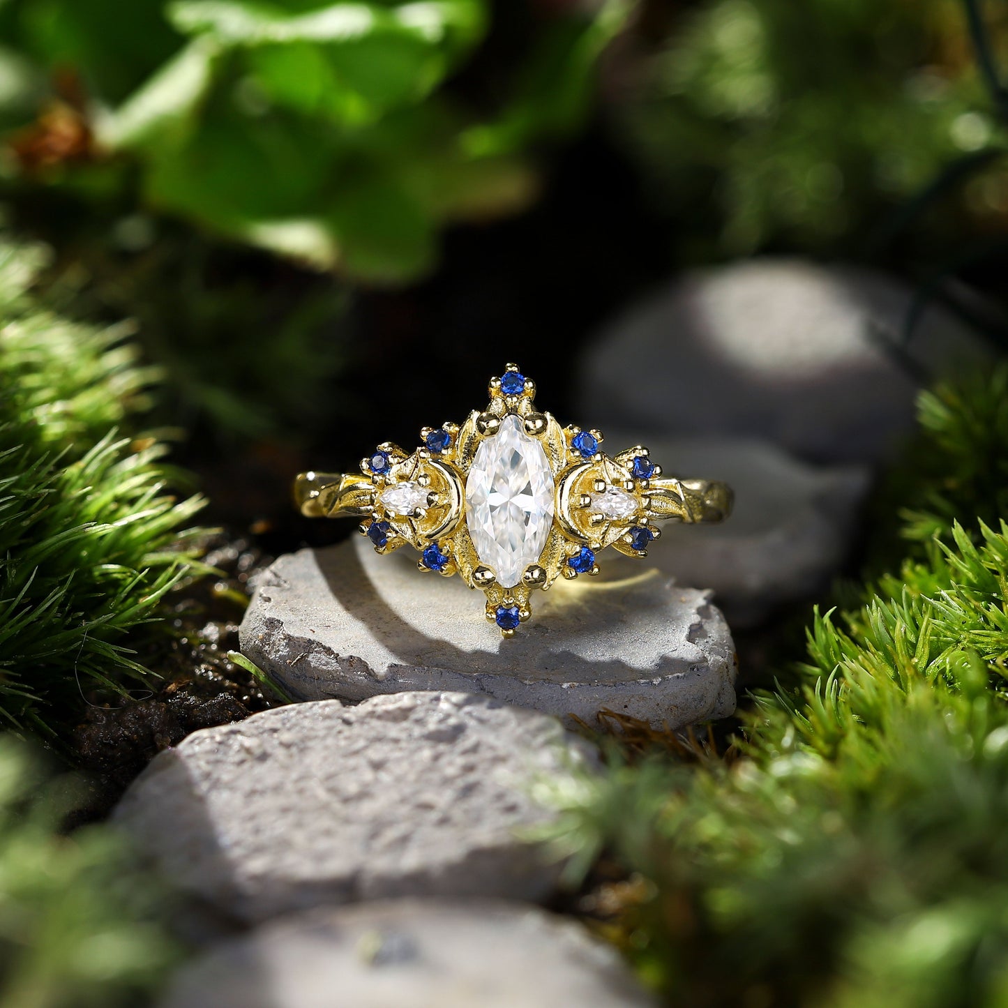 Unique Briar Moon Marquise Moissanite and Lab Blue Sapphire Ring