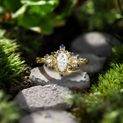 Unique Briar Moon Marquise Moissanite and Lab Blue Sapphire Ring