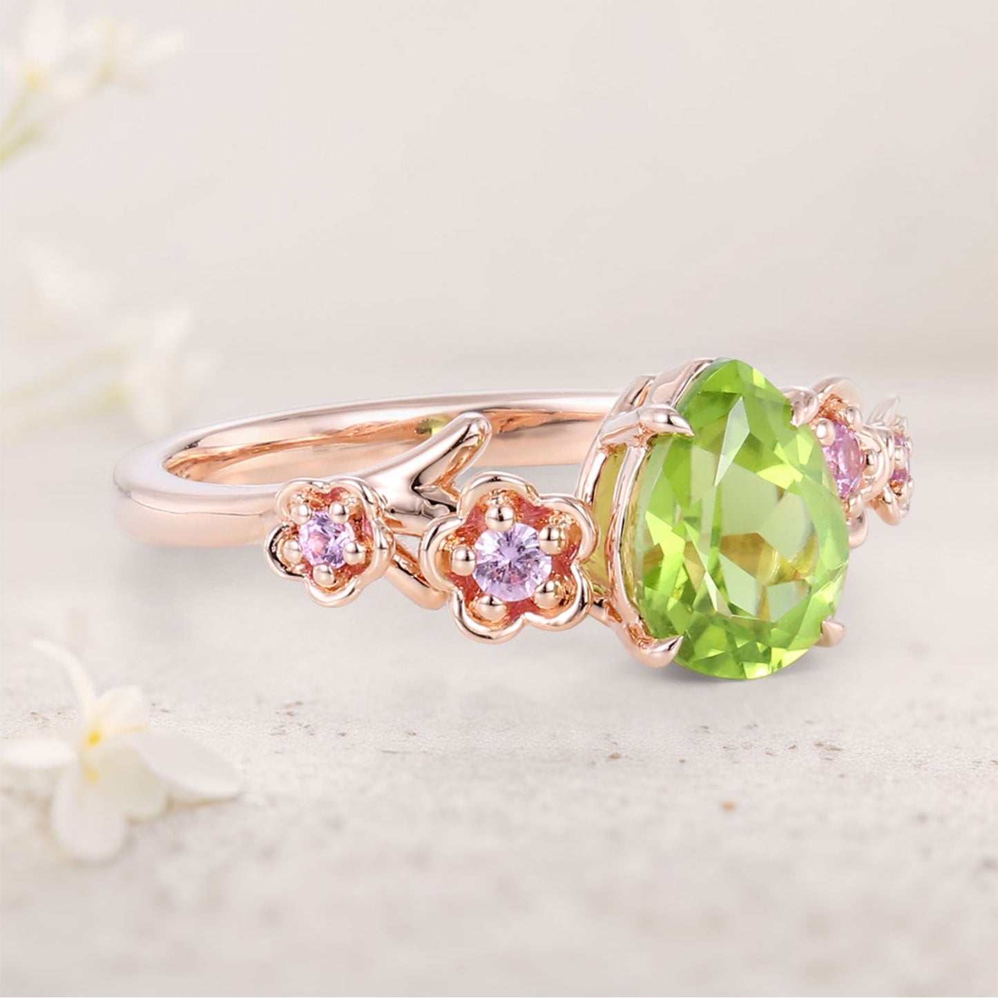Unique floral engagement rings Pear Peridot Flower Engagement Ring Peridot Halo Leaf Ring