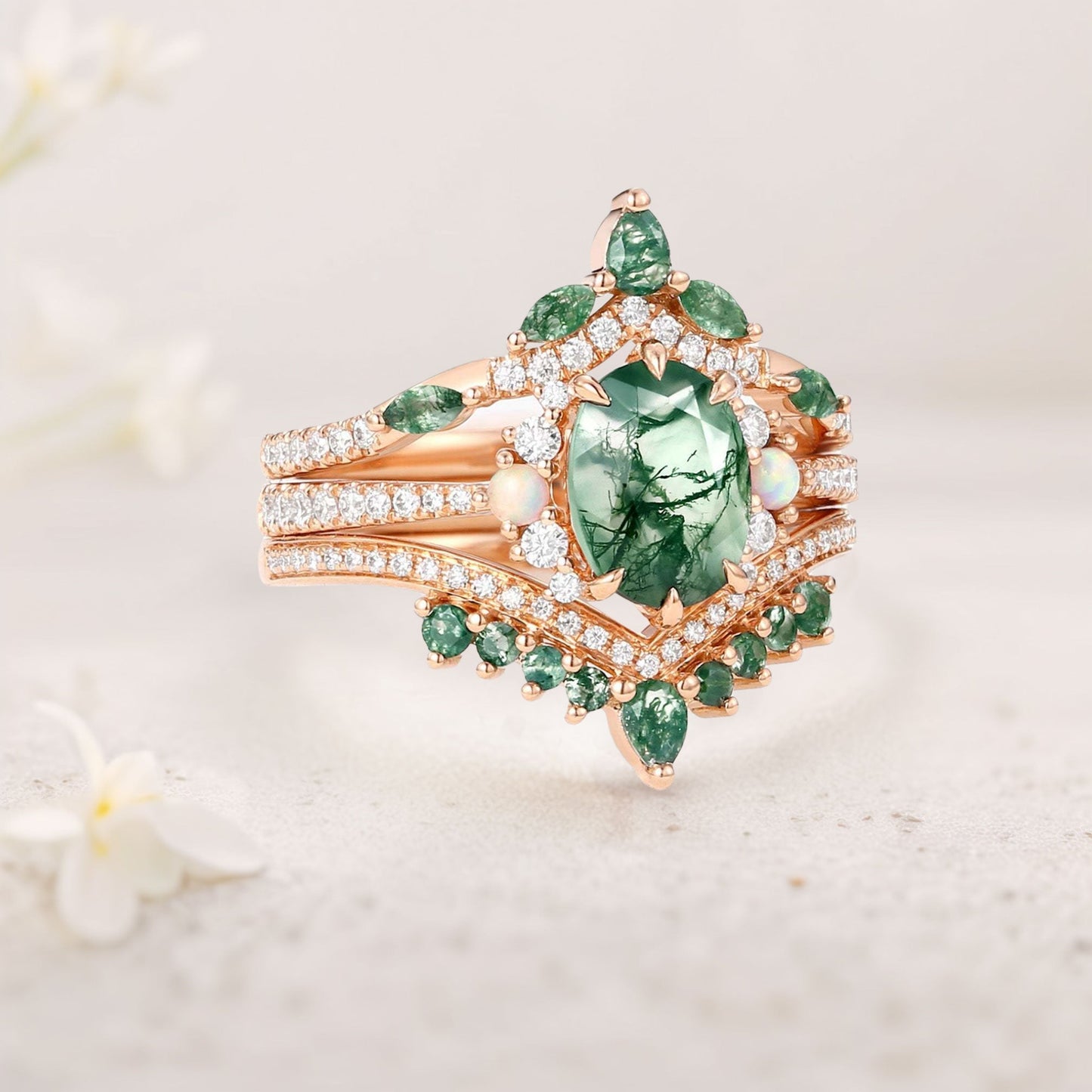 Unique floral engagement rings Oval Moss Agate and Opal Engagement Ring Set