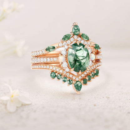 Unique floral engagement rings Oval Moss Agate and Opal Engagement Ring Set