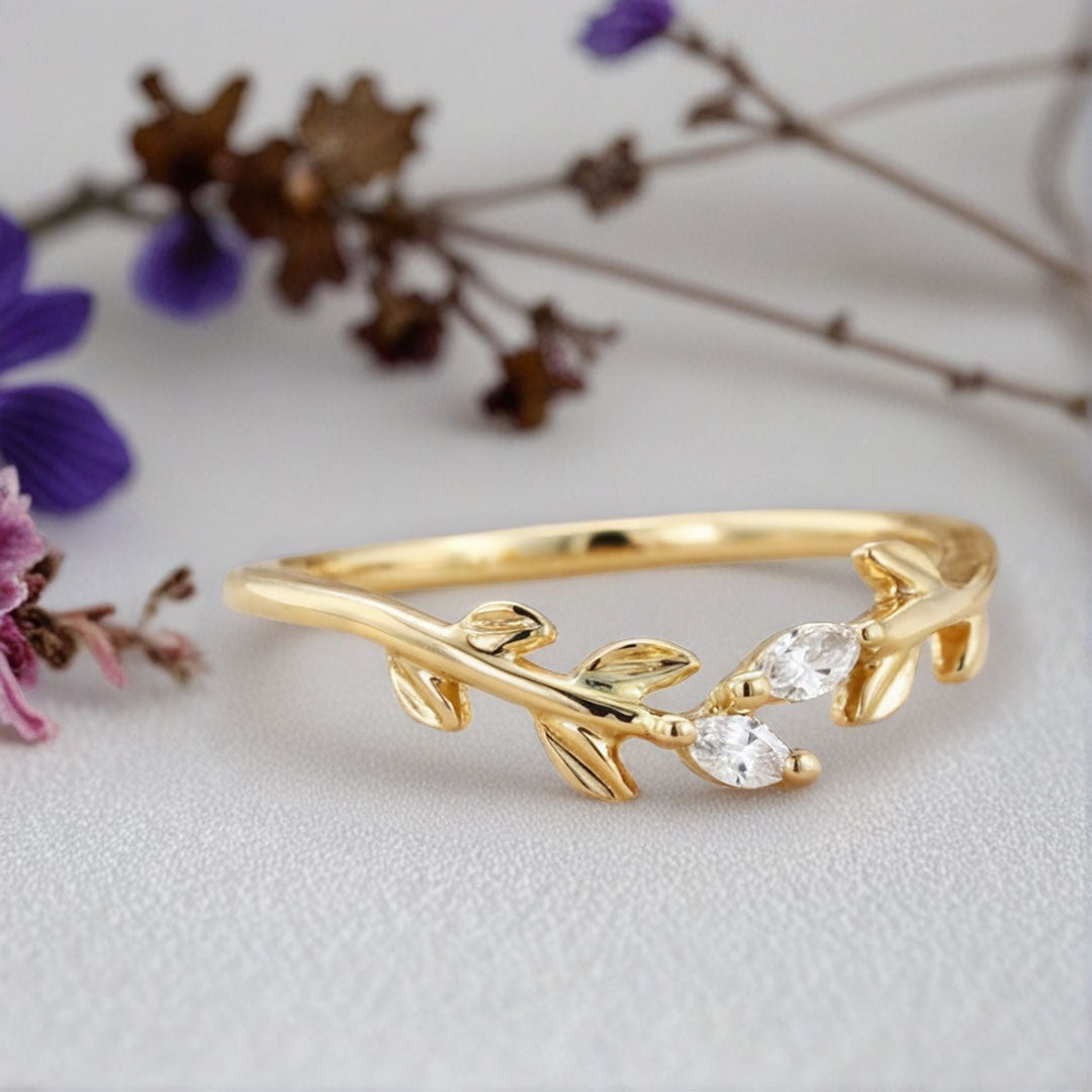 Unique Marquise Moissanite Wedding Band Leaf Moissanite Engagement Ring