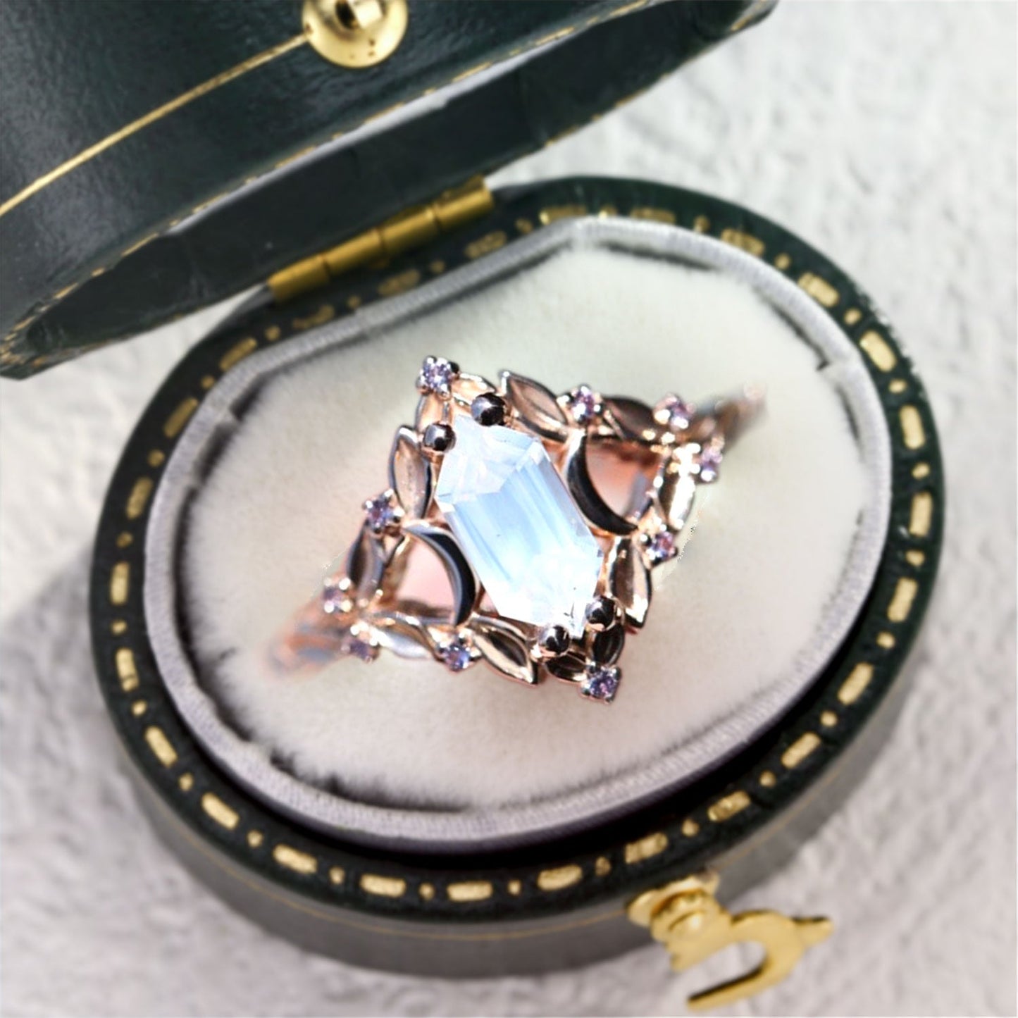 Unique Briar Moon Long Hexagon Lab Moonstone Promise Ring For Women