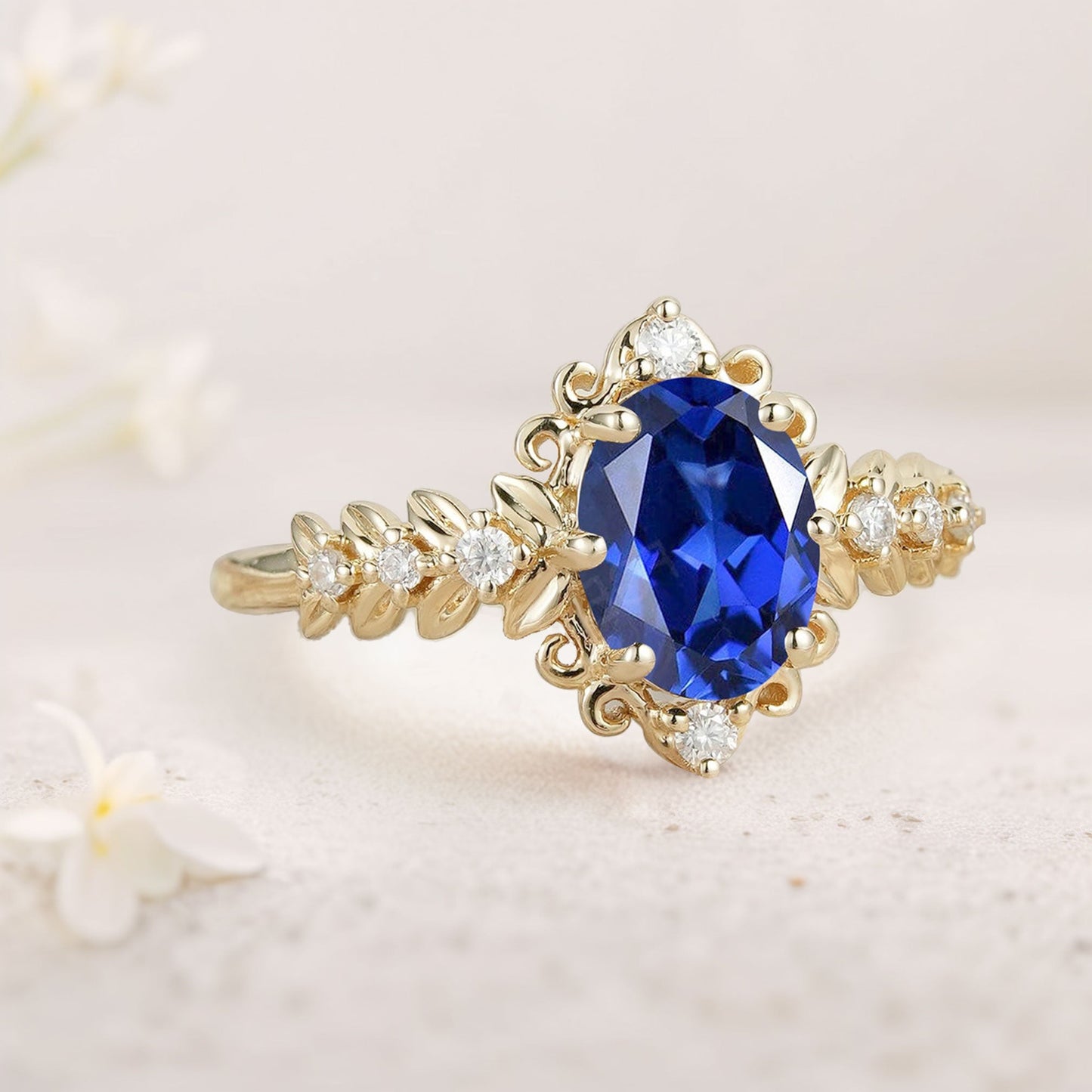 Unique Elegant Royal Blue Lab Sapphire Filigree Leaf Engagement Ring