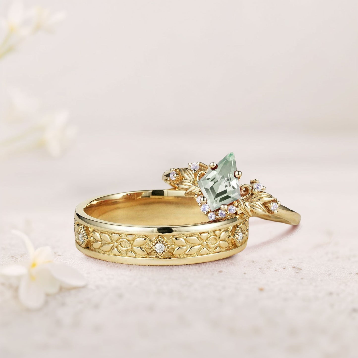 Vintage Kite Green Lab Sapphire Promise Ring Engagement Ring Set for Couples