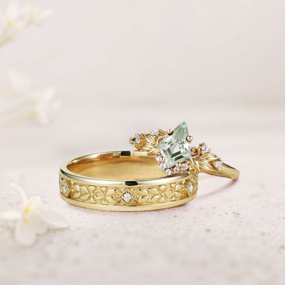 Vintage Kite Green Lab Sapphire Promise Ring Engagement Ring Set for Couples