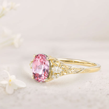 Unique Oval Pink Lab Padparadscha and Moissanite Wedding Ring