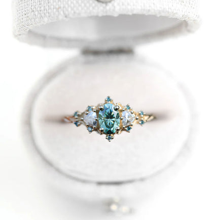 Unique Celeste Rose Oval Teal Moissanite Ring