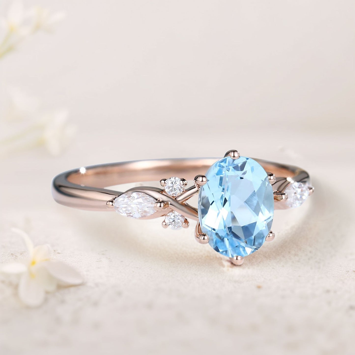 Vintage Oval Lab Aquamarine and Moissanite Split Shank Engagement Ring