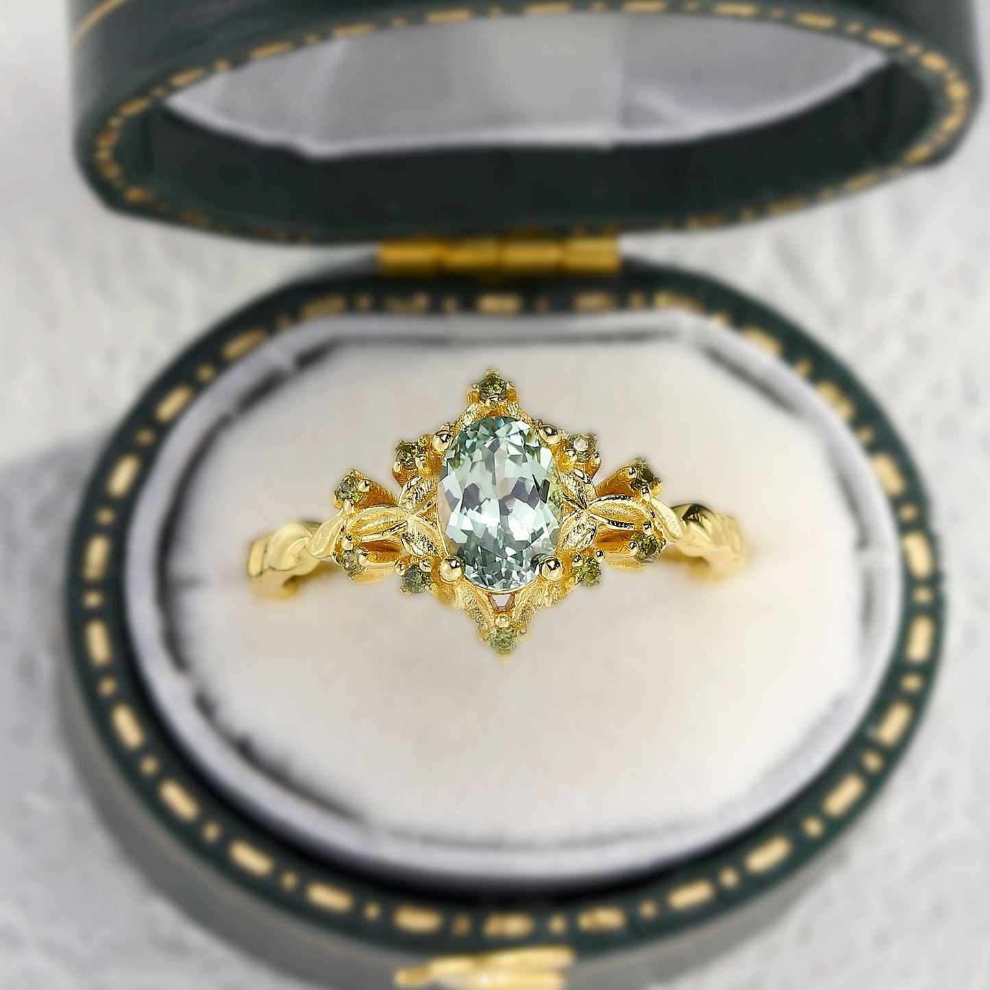 Unique Briar Rose Halo Oval Green Lab Sapphire Ring