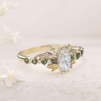 Unique floral engagement rings Marquise Moissanite and tourmalines engagement ring
