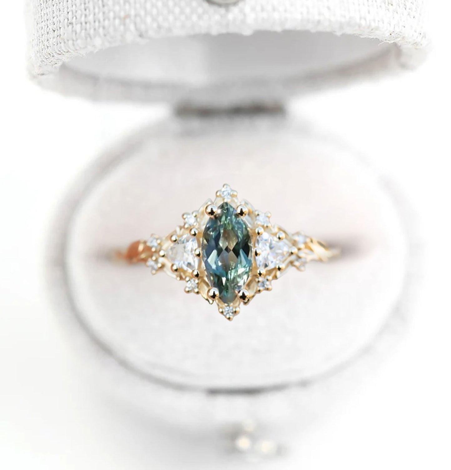 Unique Briar Rose Three Stone Marquise Green Lab Sapphire and Moissanite Ring