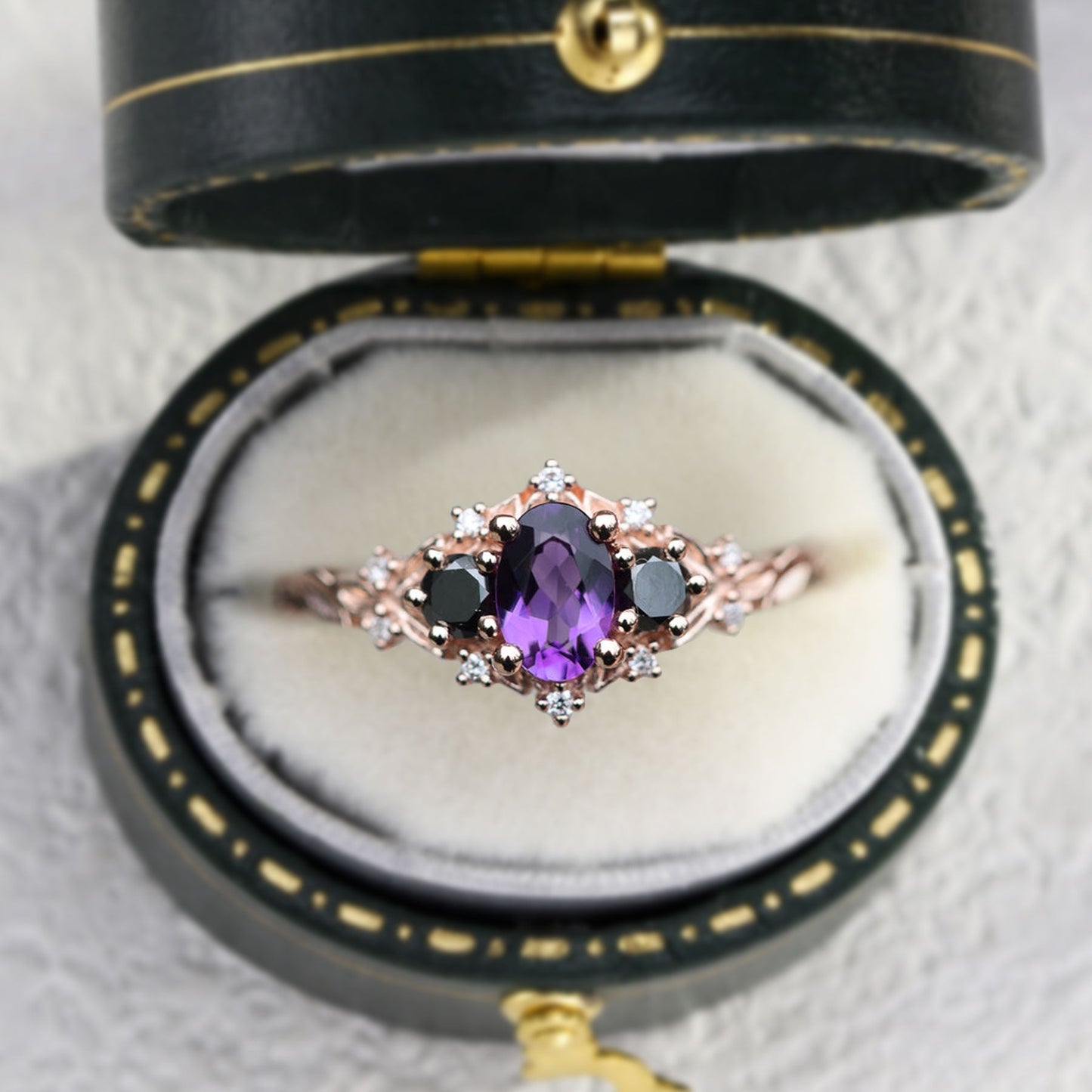 Unique Briar Rose Three Stone Oval Amethyst and Black Moissanite Ring