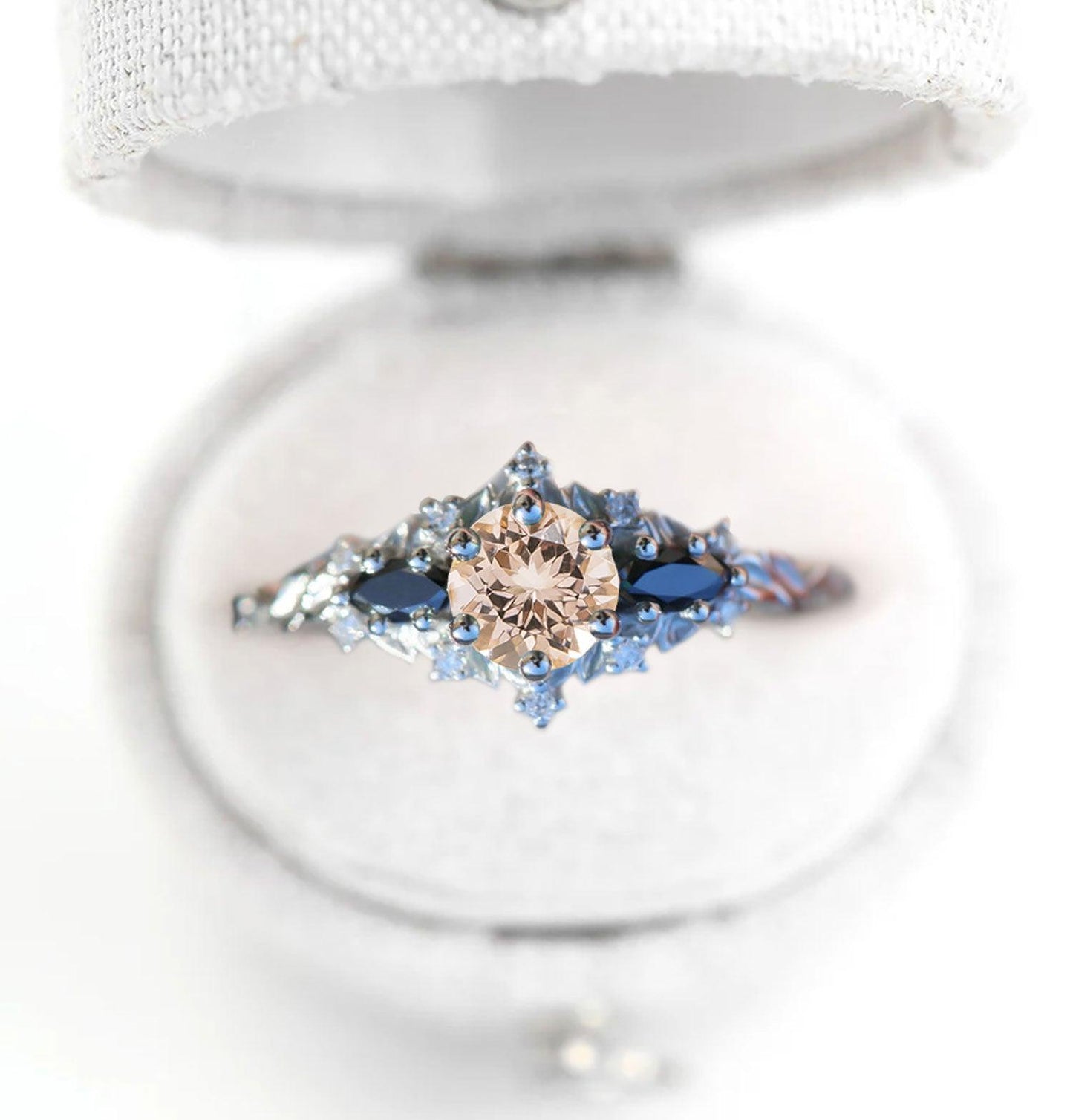 Unique Briar Rose Round Lab Morganite and Black Moissanite Ring