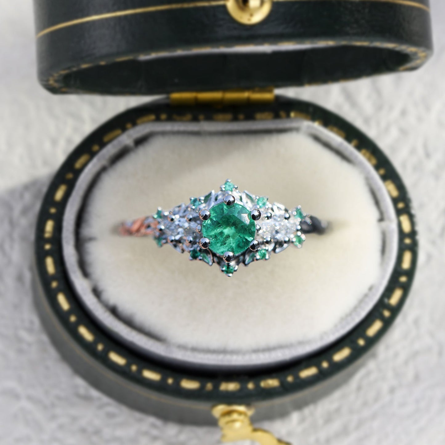 Unique Briar Rose Three Stone Round Lab Emerald Ring