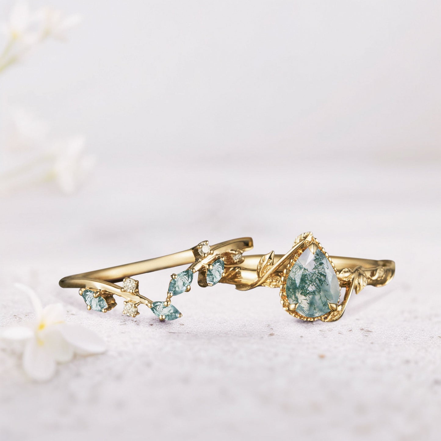 Unique Pear Moss Agate Bridal Ring Set Leaf Ring Set