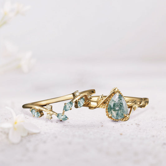 Unique Pear Moss Agate Bridal Ring Set Leaf Ring Set