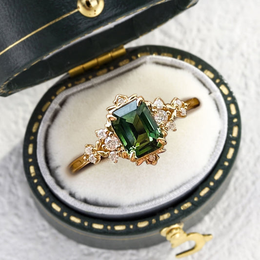 Vintage Fantasy Inspired Emerald Cut Green Lab Sapphire Engagement Ring