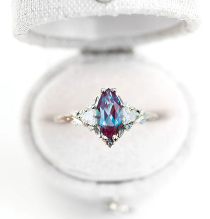Unique Floral Rose Three Stone Marquise Lab Alexandrite Ring